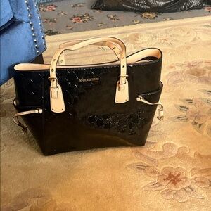 Michael Kors Black Patent Tote with Beige Trim and MK Logo